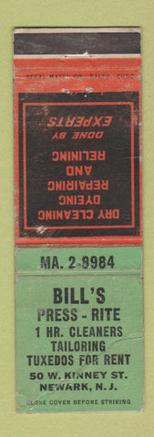 Matchbook Cover - Bill's Press Rite Cleaners Newark NJ WORN