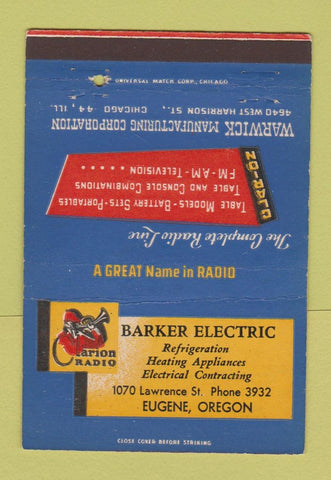 Matchbook Cover - Clarion Radio Barker Electric Eugene OR 40 Strike