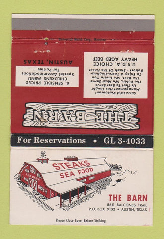Matchbook Cover - The Barn Steaks Austin TX WEAR 40 Strike