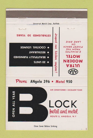 Matchbook Cover - Block Hotel Motel Angola NY 40 Strike