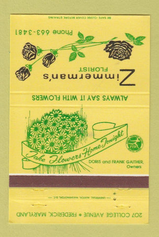 Matchbook Cover - Zimmerman's Florist Flowers Frederick MD 40 Strike
