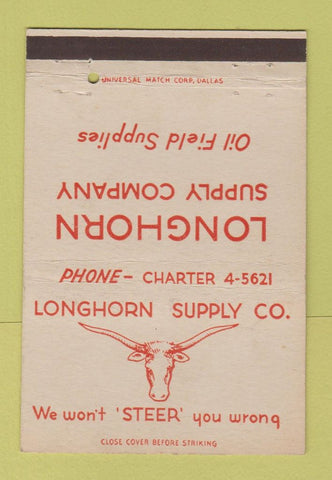Matchbook Cover - Longhorn Supply Oil Field Houston TX 40 Strike