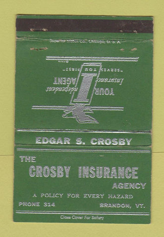 Matchbook Cover - Crosby Insurance Agency Brandon VT WEAR 40 Strike