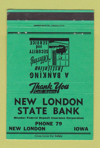 Matchbook Cover - New London State Bank IA Low phone # 40 Strike