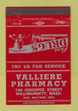Matchbook Cover - Valliere Drug Willimansett MA 40 Strike