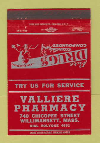 Matchbook Cover - Valliere Drug Willimansett MA 40 Strike