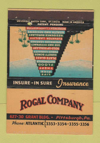 Matchbook Cover - Rogal Company Insurance Pittsburgh PA 40 Strike