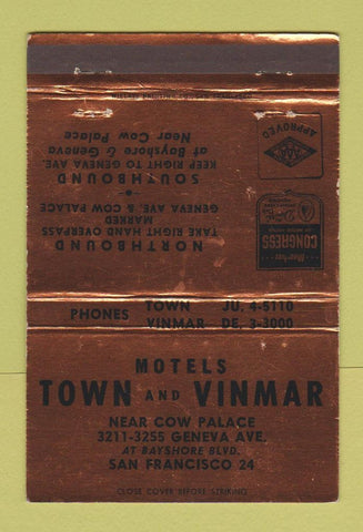 Matchbook Cover - Town and Vinmar Motels San Francisco CA BRONZE 40 Strike
