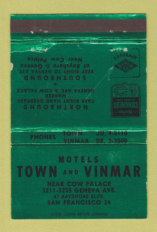 Matchbook Cover - Town and Vinmar Motels San Francisco CA GREEN 40 Strike