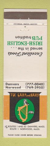 Matchbook Cover - The Harp and Bard Danvers Norwood MA