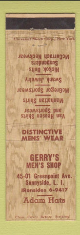 Matchbook Cover - Gerry's Men's Clothes Adam Hats Sunnyside LI NY