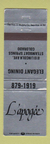 Matchbook Cover - L'apogee Restaurant Steamboat Springs Colorado WEAR