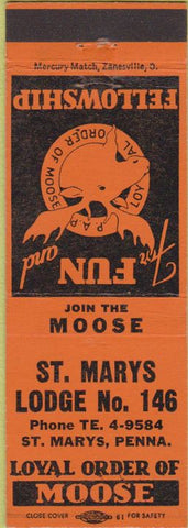 Matchbook Cover - Matchbook Cover Moose Lodge St Marys PA