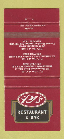Matchbook Cover - PJ's Restaurant Bar London UK England 30 Strike