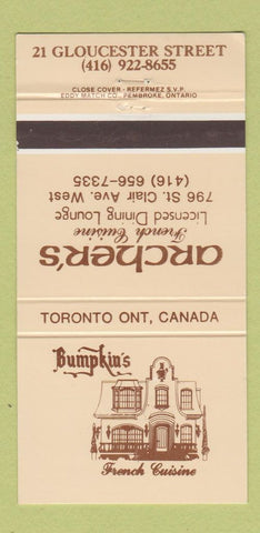 Matchbook Cover - Archer's Restaurant Bumpkin's Toronto ON 30 Strike