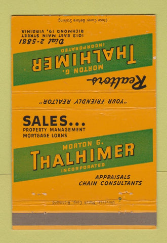 Matchbook Cover - Morton Thalhimer Real Estate Richmond VA 40 Strike