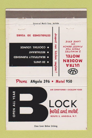 Matchbook Cover - Block Hotel Motel Angola NY 40 Strike