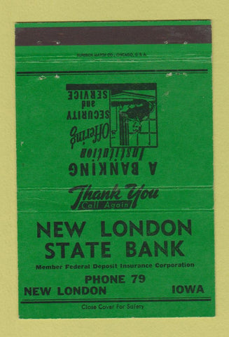 Matchbook Cover - New London State Bank IA low phone # GREEN 40 Strike