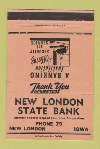 Matchbook Cover - New London State Bank IA low phone # PEACH 40 Strike