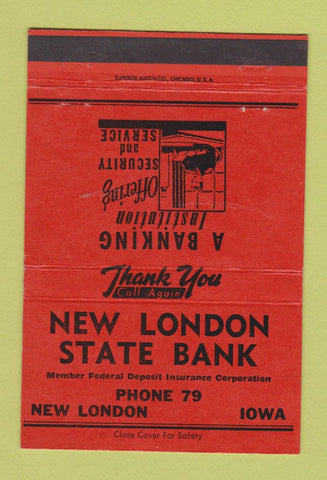 Matchbook Cover - New London State Bank IA low phone # ORANGE 40 Strike