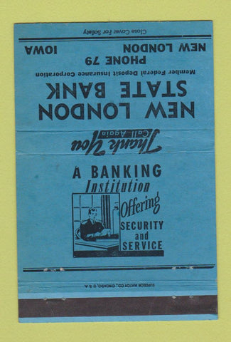 Matchbook Cover - New London State Bank IA low phone # BLUE 40 Strike