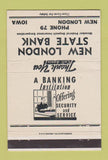 Matchbook Cover - New London State Bank IA low phone # WHITE WEAR 40 Strike