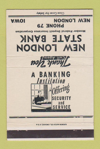 Matchbook Cover - New London State Bank IA low phone # WHITE WEAR 40 Strike