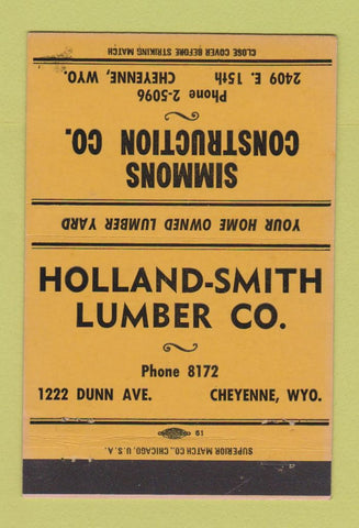 Matchbook Cover - Simmons Construction Cheyenne WY Holland Lumber 40 Strike