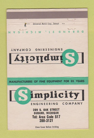 Matchbook Cover - Simplicity Engineering Durand MI 40 Strike