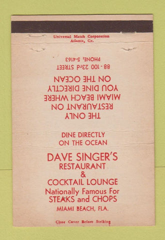 Matchbook Cover - Dave Singer's Restaurant Miami Beach FL 40 Strike