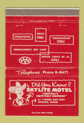 Matchbook Cover - Skylite Motel Tuscaloosa AL 40 Strike