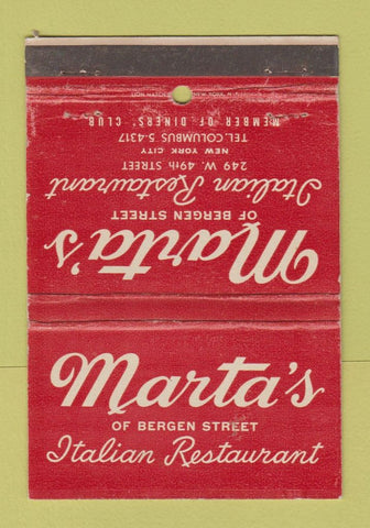 Matchbook Cover - Marta's Italian Restaurant New York City WEAR 40 Strike
