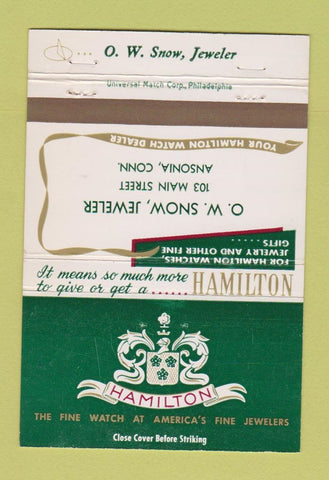Matchbook Cover - Hamilton Watches OW Snow Ansonia CT jewelry 40 Strike