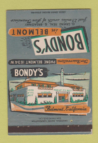 Matchbook Cover - Bondy's Restaurant Belmont CA 40 Strike