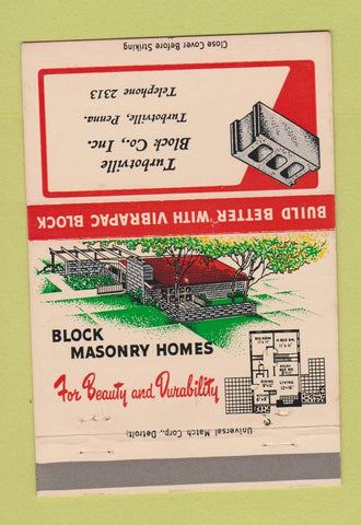 Matchbook Cover - Turbotville Block Masonry Homes PA 40 Strike