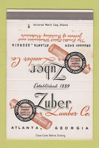 Matchbook Cover - Zuber Lumber Atlanta GA  40 Strike