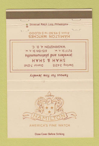 Matchbook Cover - Hamilton Watches Shah & Shah Washington DC jewelry 40 Strike