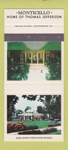 Matchbook Cover Monticello Thomas Jefferson Charlottesville VA SAMPLE 30 Strike