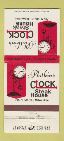 Matchbook Cover - Plotkin's Clock Steak House Milwaukee WI 30 Strike