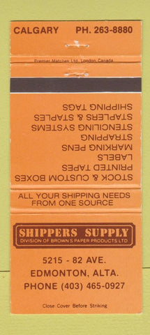 Matchbook Cover - Shipper Supply Brown's Paper Edmonton Calgary AB 30 Strike