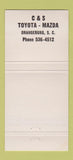 Matchbook Cover - Toyota Mazda Orangeburg SC 30 Strike
