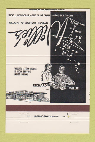 Matchbook Cover - Willie's Steak House Motel Brenham TX 40 Strike