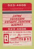 Matchbook Cover - Radway Lumber Regina SK SAMPLE 40 Strike