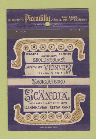 Matchbook Cover - Scandia Restaurant New York City Hotel Piccadilly 40 Strike