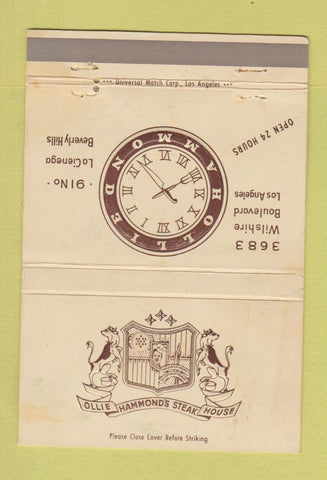 Matchbook Cover Ollie Hammond Steak Beverly Hills Los Angeles CA WEAR 40 Strike