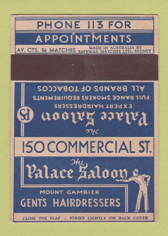 Matchbook Cover - Palace Saloon Tobacco Mount Gambier Australia 40 Strike
