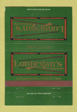 Matchbook Cover - Lonnegan's Grill billiards Hurst TX 40 Strike