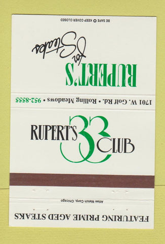 Matchbook Cover - Rubert's 33 Club Steaks Rolling Meadows IL? 40 Strike