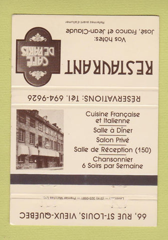 Matchbook Cover - Cafe De Paris Restaurant Quebec QC 40 Strike