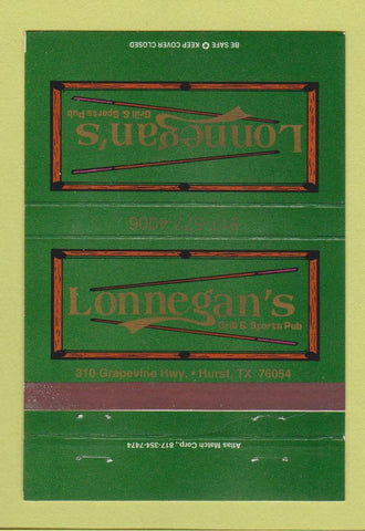 Matchbook Cover - Lonnegan's Grill billiards Hurst TX 40 Strike
